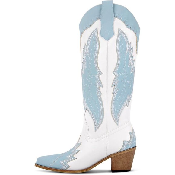 Women's Blue Cowgirl Knee High Boots Embroidered Cowboy Boots Chunky Heel - Picture 1 of 4